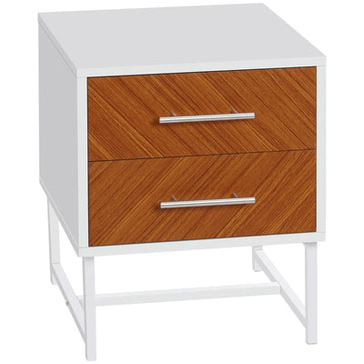 BORO Bedside Table with 2 Drawers and Metal Frame, Sofa Side Table, White and Brown