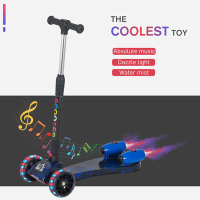 HOMCOM Kids 3 Wheel Kick Scooter Adjustable Height w/ Flashing Wheels Music Water Spray Foldable Design Cool On Off Road Vehicle Blue