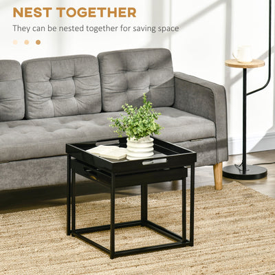 HOMCOM Modern Coffee Table Set of 2, Square Nest of Tables with Steel Frame and High Gloss Effect for Living Room, Black