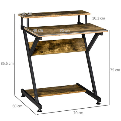 Mesa de ordenador compacta HOMCOM, escritorio en forma de R con estante para monitor y almacenamiento para oficina en casa, pequeña, para estudio y juegos, 70 cm, marrón