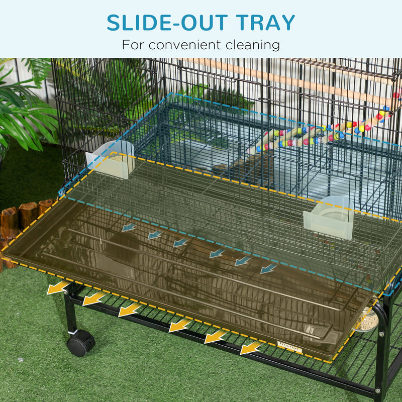 PawHut Bird Cage with Stand, Toys, Wheels, for Canaries, Finches, Lovebirds, Parakeets, Budgie Cage with Accessories, Storage Shelf, Black