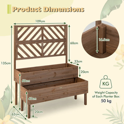 2-Tier Raised Garden Bed with Trellis and Drainage Hole-Brown