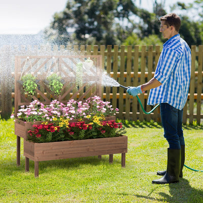 2-Tier Raised Garden Bed with Trellis and Drainage Hole-Brown