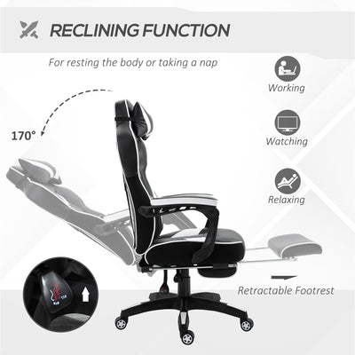 Vinsetto Ergonomic Racing Gaming Chair Office Desk Chair Adjustable Height Recliner with Wheels, Headrest, Lumbar Support, Retractable Footrest White