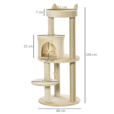 Pawhut Cat Tree Tower Scratching Post with Sisal Pet Activity Centre Beige 48 x 48 x 104cm