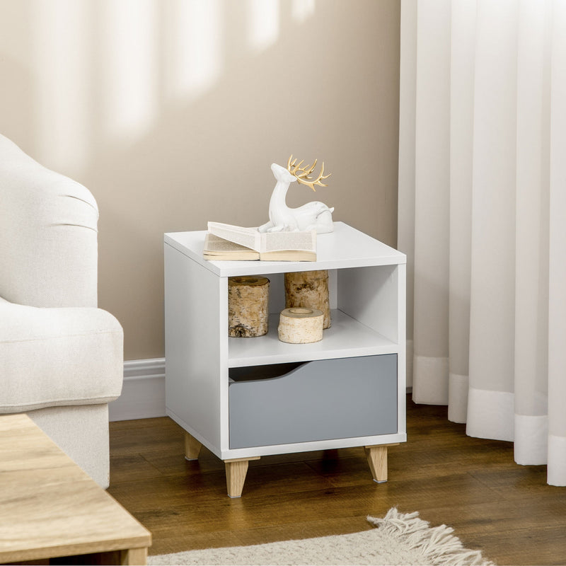 HOMCOM Modern Bedside Table, Side End Table with Shelf, Drawer and Wood Legs, 36.8cmx33cmx43.8cm, White and Grey