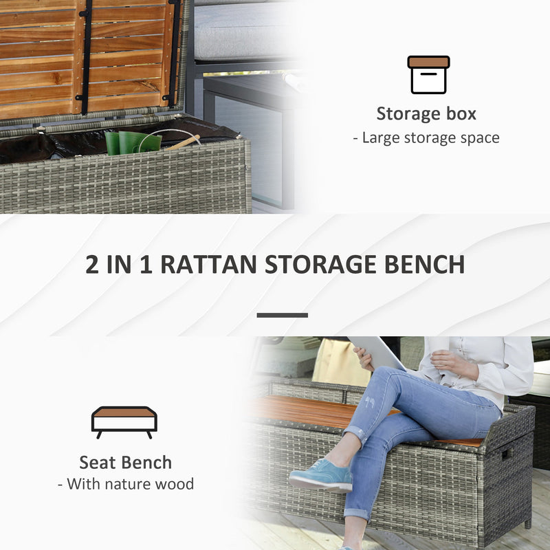 Outsunny Patio Wicker Storage Bench Box, Outdoor Garden PE Rattan Pool Storage Deck Bin Box w/ Natural Wood Top, Lid, for Storing Tools Mixed Grey