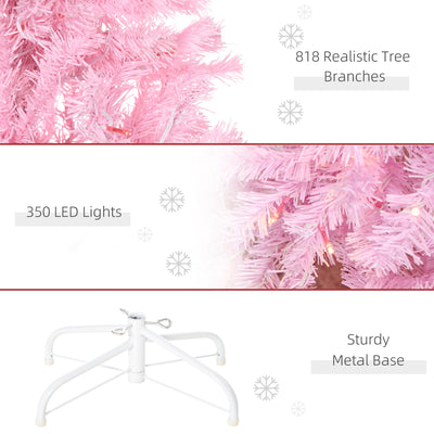 HOMCOM 7' Tall Prelit Pencil Slim Artificial Christmas Tree with Realistic Branches, 350 Warm White LED Lights and 818 Tips, Xmas Decoration, Pink