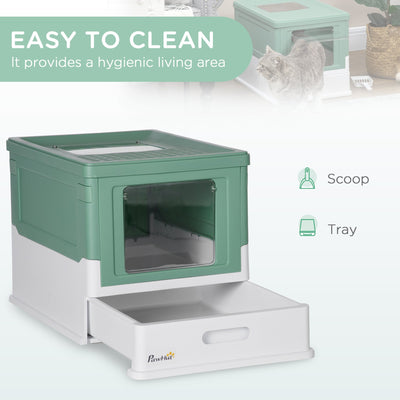 PawHut Hooded Cat Litter Box Scoop Included, Litter Tray with Front Entry Top Exit, Portable Pet Toilet with Large Space, 47.5 x 35.5 x 36.7 cm Green