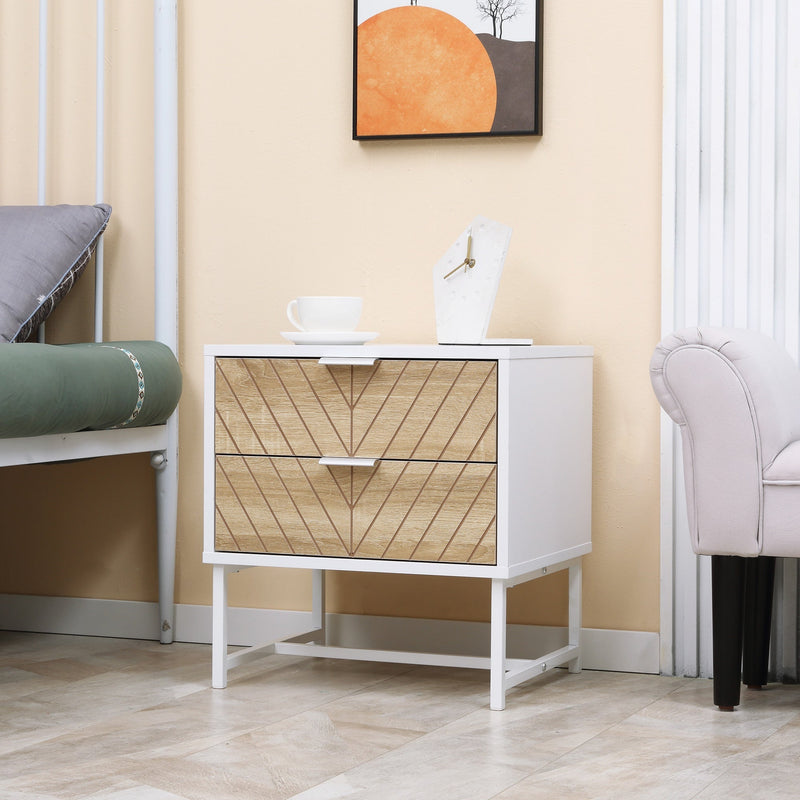 HOMCOM Modern Bedside Table with 2 Drawers and Metal Frame, Sofa Side Table for Bedroom Living Room, White and Oak