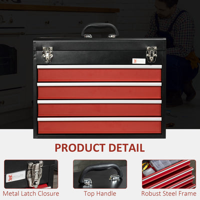 DURHAND 4 Drawer Tool Chest, Lockable Metal Tool Box with Ball Bearing Runners, Portable Toolbox, 510mm x 220mm x 395mm