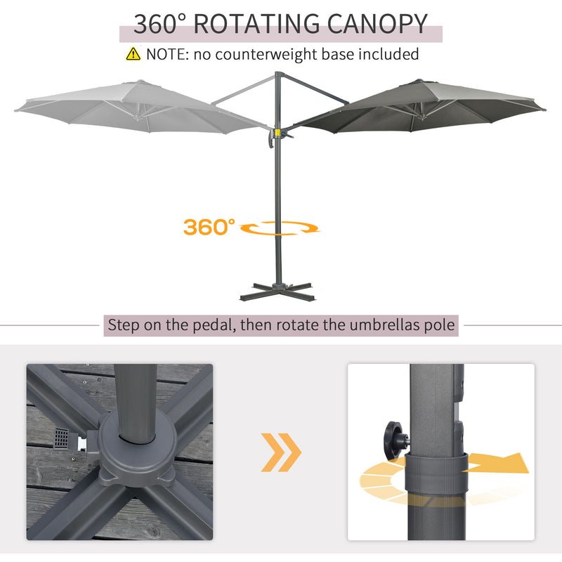 Outsunny 3 x 3(m) Cantilever Parasol with Cross Base, Garden Umbrella with 360° Rotation, Crank Handle and Tilt for Outdoor, Patio, Grey