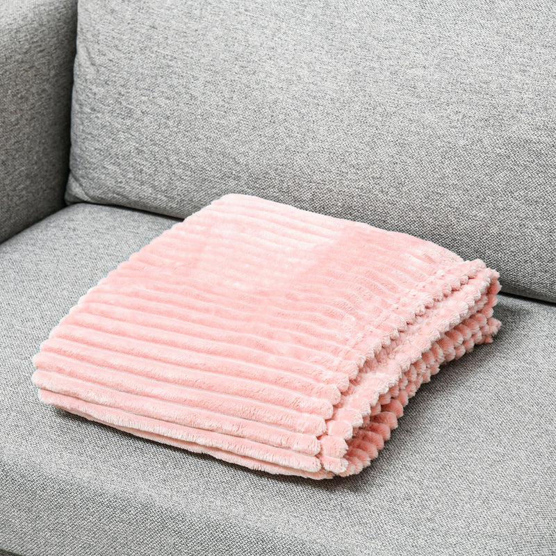 HOMCOM Flannel Fleece Blanket for Sofas, All-Season Fluffy Warm Throw Blanket for Bed, Couch, Chair, Striped Reversible Travel Bedspread, Single Size, 152 x 127cm, Pink