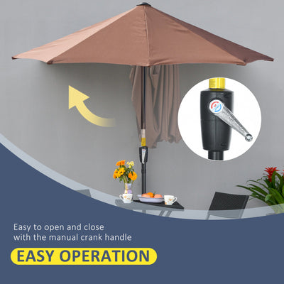 Outsunny 2m Half Parasol Market Umbrella Garden Balcony Parasol with Crank Handle, Base, Double-Sided Canopy, Coffee