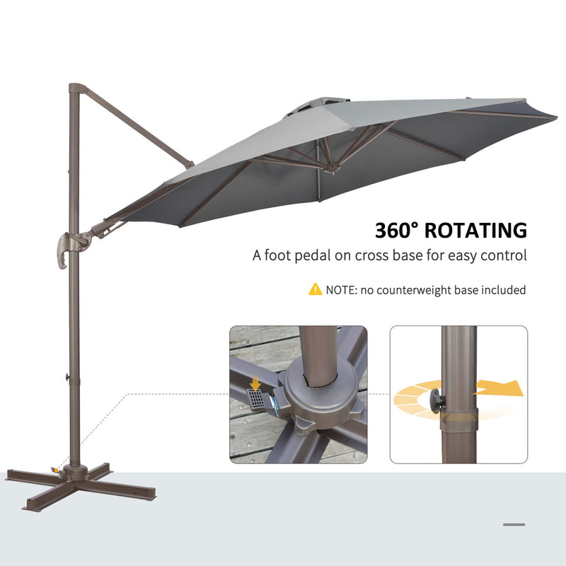 Outsunny 3(m) Cantilever Parasol 360° Rotation Roma Umbrella Hanging Sun Shade with Aluminum Frame, Tilt Crank, 8 Ribs and Cross Base, Dark Grey