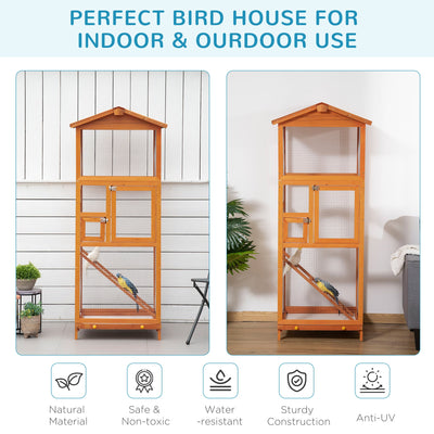 PawHut Wooden Bird Aviary Cages Outdoor Finches Birdcage with Pull Out Tray 2 Doors, Orange