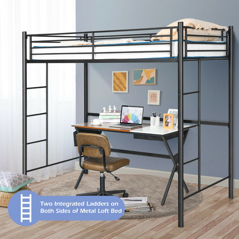 Twin Metal Loft Bed Frame with Safety Guardrail for Kids and Adults