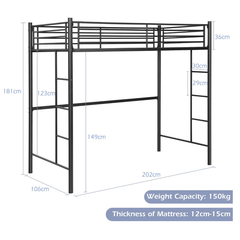 Cama alta de metal doble con barandilla de seguridad para niños y adultos, color negro