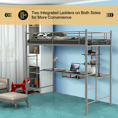 Metal Bunk Bed Frame High Sleeper with Desk and Storage Shelves