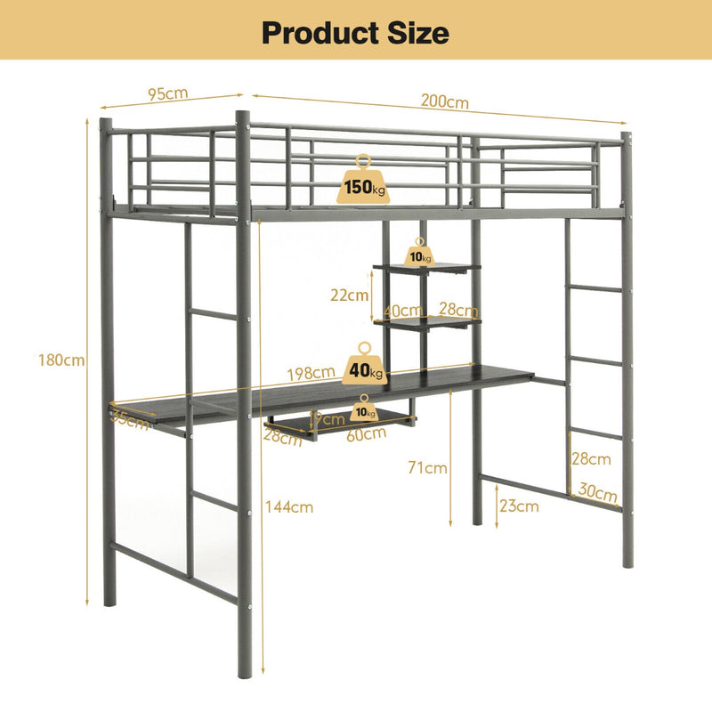 Metal Bunk Bed Frame High Sleeper with Desk and Storage Shelves