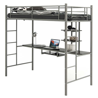 Metal Bunk Bed Frame High Sleeper with Desk and Storage Shelves