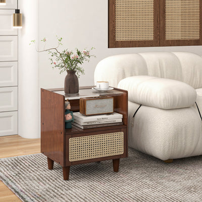 Bamboo Rattan Nightstand with Drawer and Solid Wood Legs for Bedroom Living Room-Brown