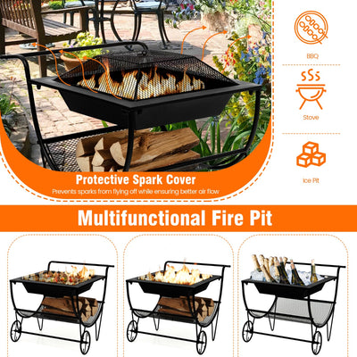 Rolling Outdoor Fire Pit with Firewood Rack