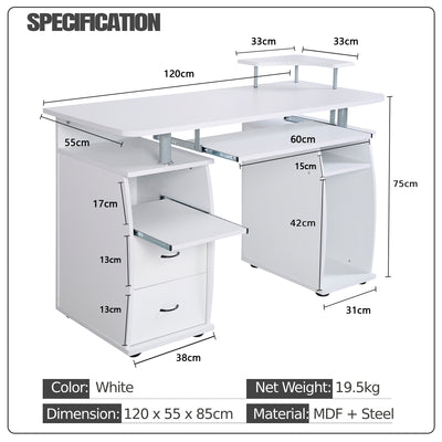 Computer Desk MDF Home Office PC Table Work Station Home and Office Furniture-White