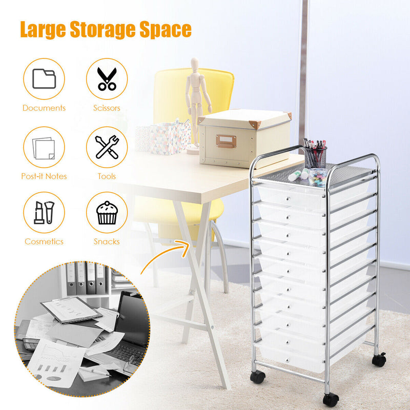 10 Drawers Mobile Storage Trolley with 4 Wheels for Beauty-White