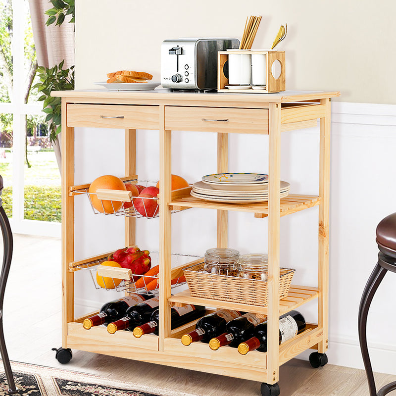 Carrito de cocina de madera con ruedas, cajones, estantes, cestas de alambre y botelleros para vinos, color natural