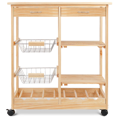 Carrito de cocina de madera con ruedas, cajones, estantes, cestas de alambre y botelleros para vinos, color natural