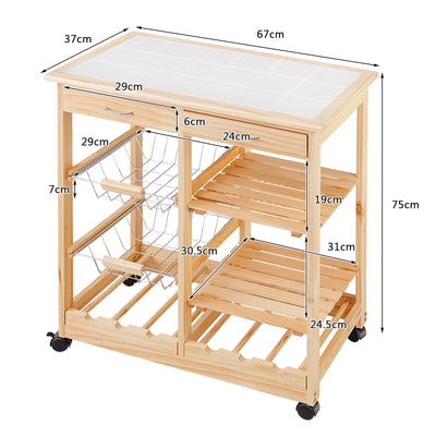 Carrito de cocina de madera con ruedas, cajones, estantes, cestas de alambre y botelleros para vinos, color natural