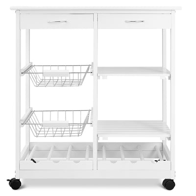 Wooden Rolling Kitchen Cart with Drawers Shelves Wire Baskets Wine Racks-White