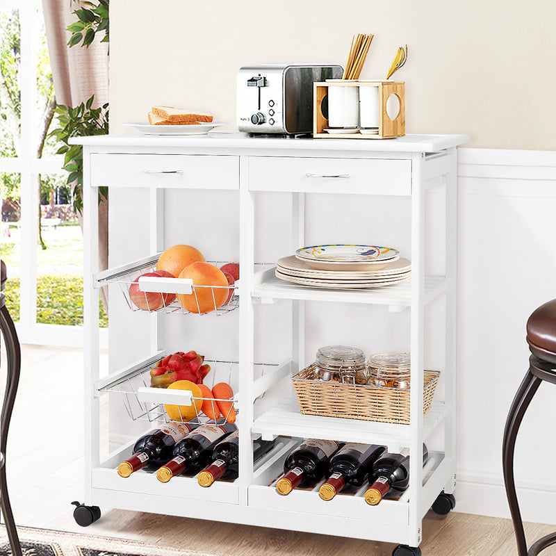 Wooden Rolling Kitchen Cart with Drawers Shelves Wire Baskets Wine Racks-White