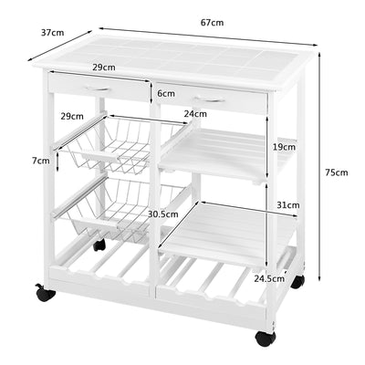 Wooden Rolling Kitchen Cart with Drawers Shelves Wire Baskets Wine Racks-White