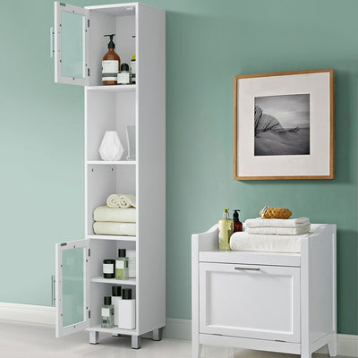 Mueble de baño independiente de madera fina con puertas de vidrio templado, color blanco