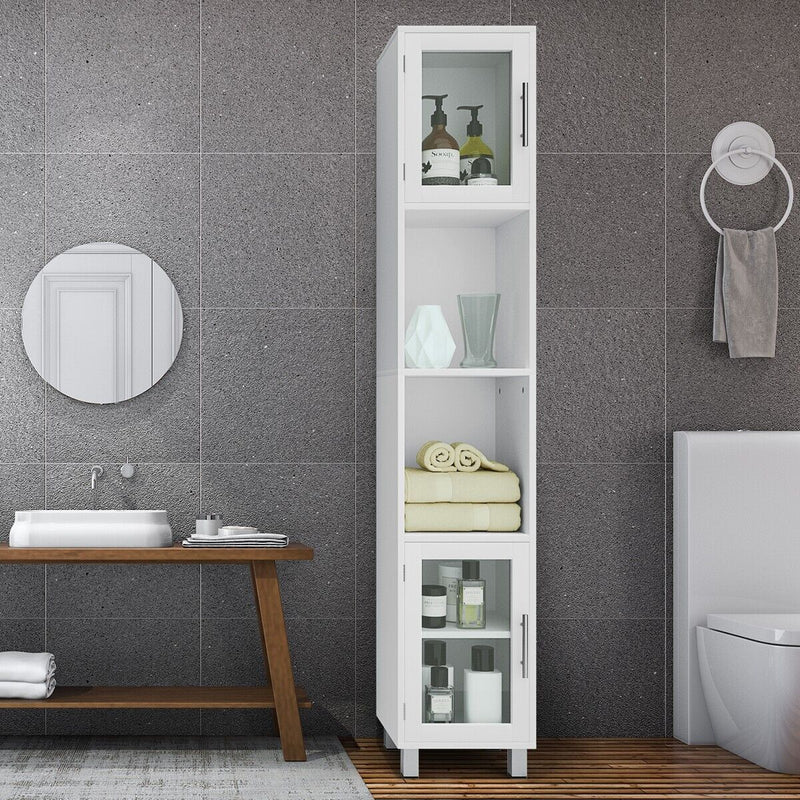 Mueble de baño independiente de madera fina con puertas de vidrio templado, color blanco