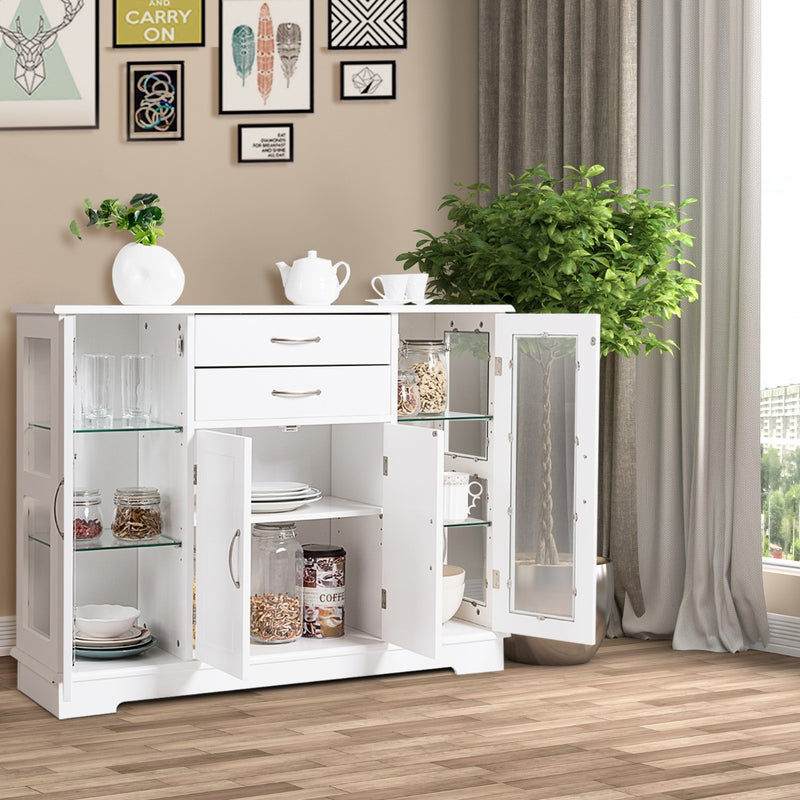 Wooden Buffet Sideboard with Adjustable Shelves and 2 Glass Doors-White