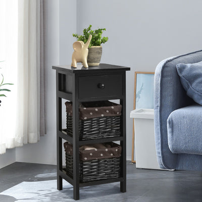 Bedside Table Made of Paulownia Wood in Country House Style-Black-2 Pieces