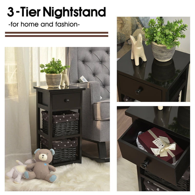 Bedside Table Made of Paulownia Wood in Country House Style-Black-2 Pieces