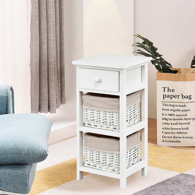 Bedside Table Made of Paulownia Wood in Country House Style-White-2 Pieces