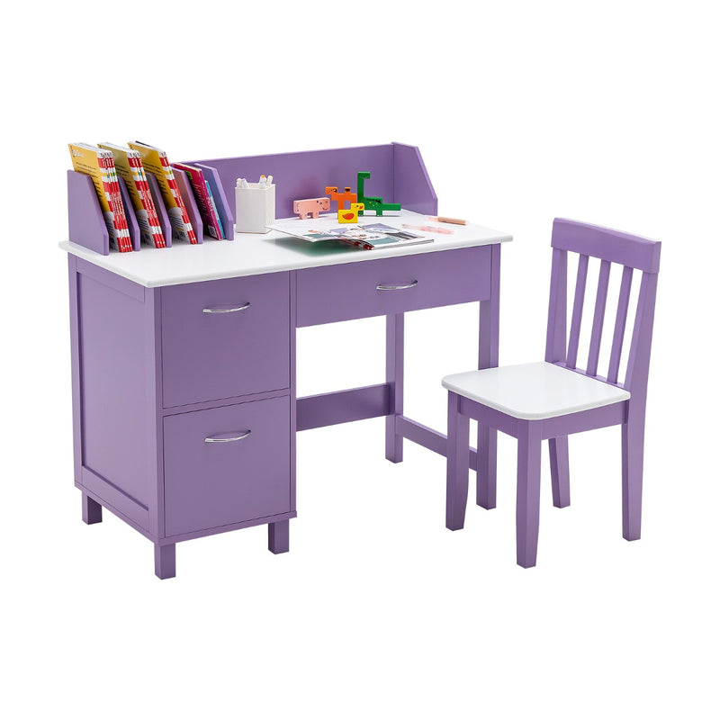 Kids Desk and Chair Set with HutchDrawer and Storage Cabinets-Purple