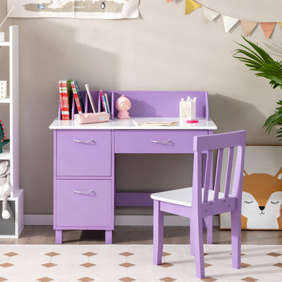 Kids Desk and Chair Set with HutchDrawer and Storage Cabinets-Purple