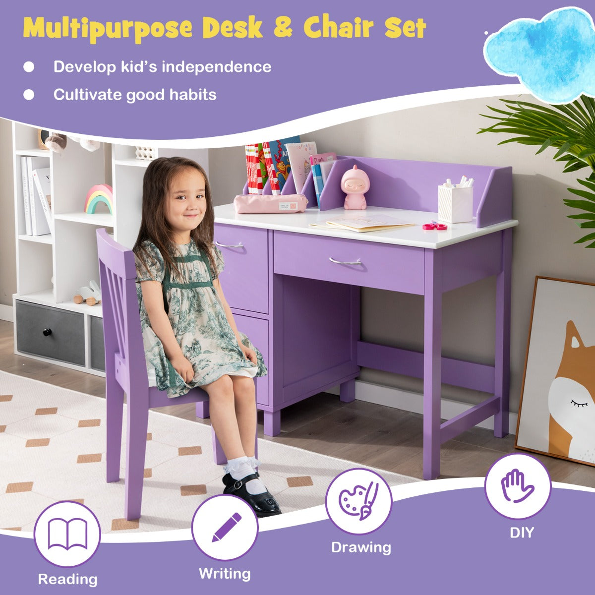 Kids Desk and Chair Set with HutchDrawer and Storage Cabinets