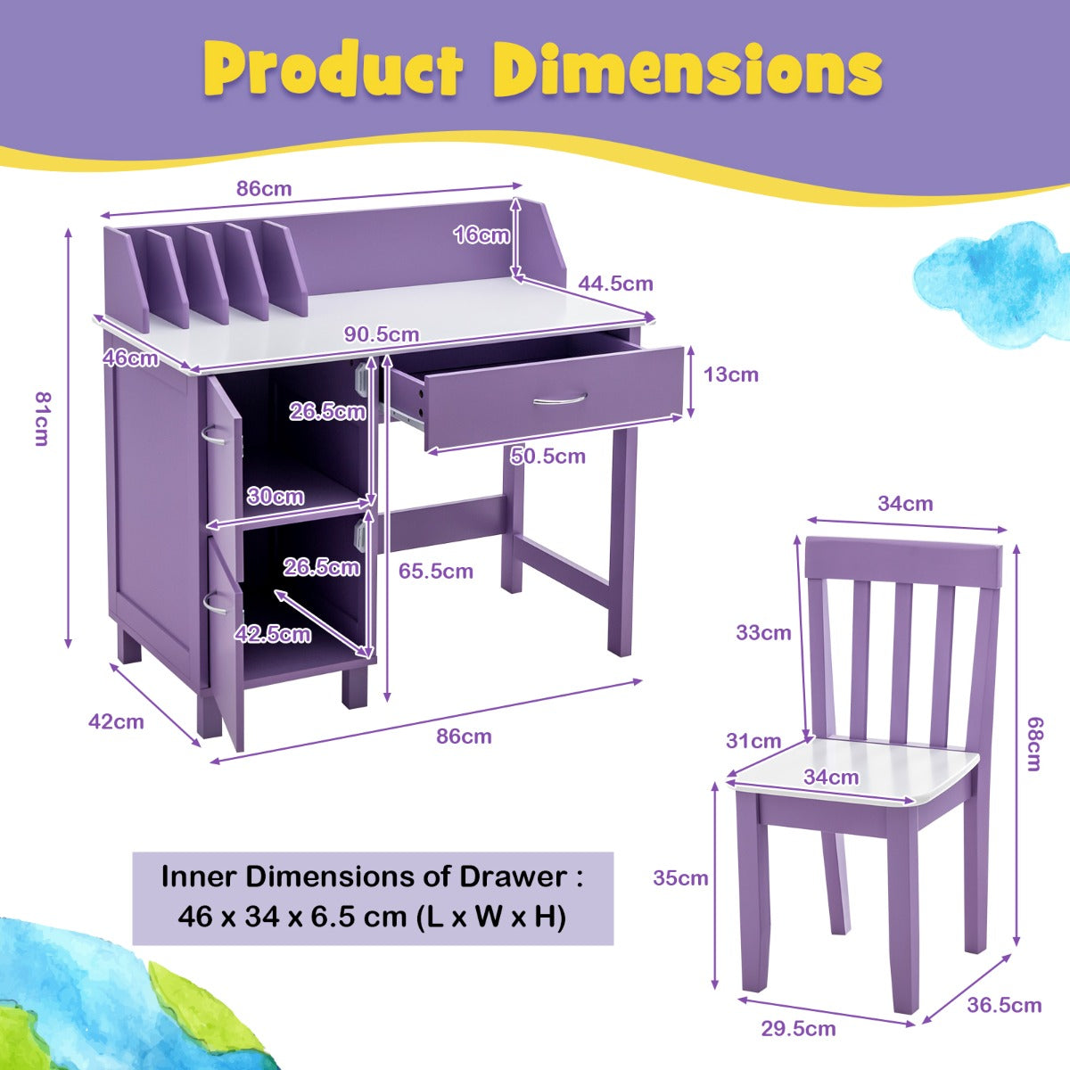 Kids Desk and Chair Set with HutchDrawer and Storage Cabinets