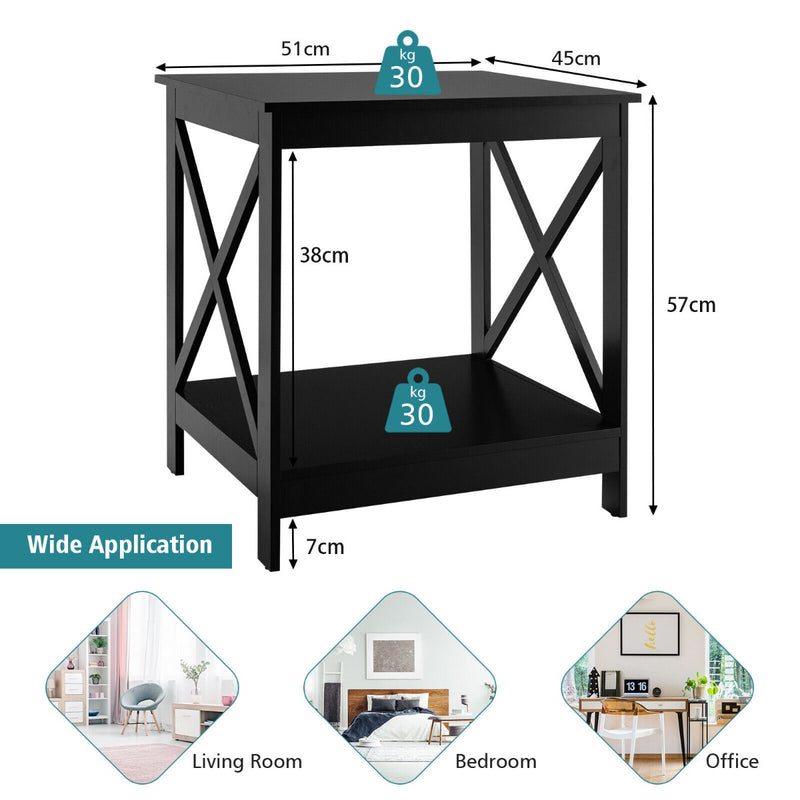 Mesita de noche moderna de madera de dos niveles en forma de X para sala de estar, dormitorio y oficina 