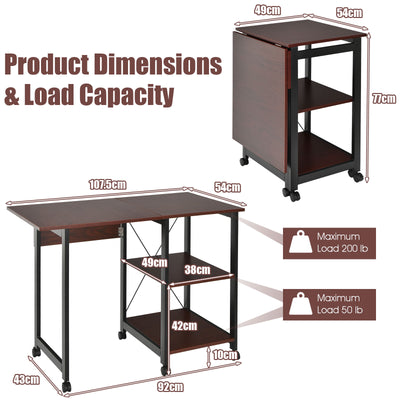 Escritorio de computadora abatible con 2 estantes y ruedas
