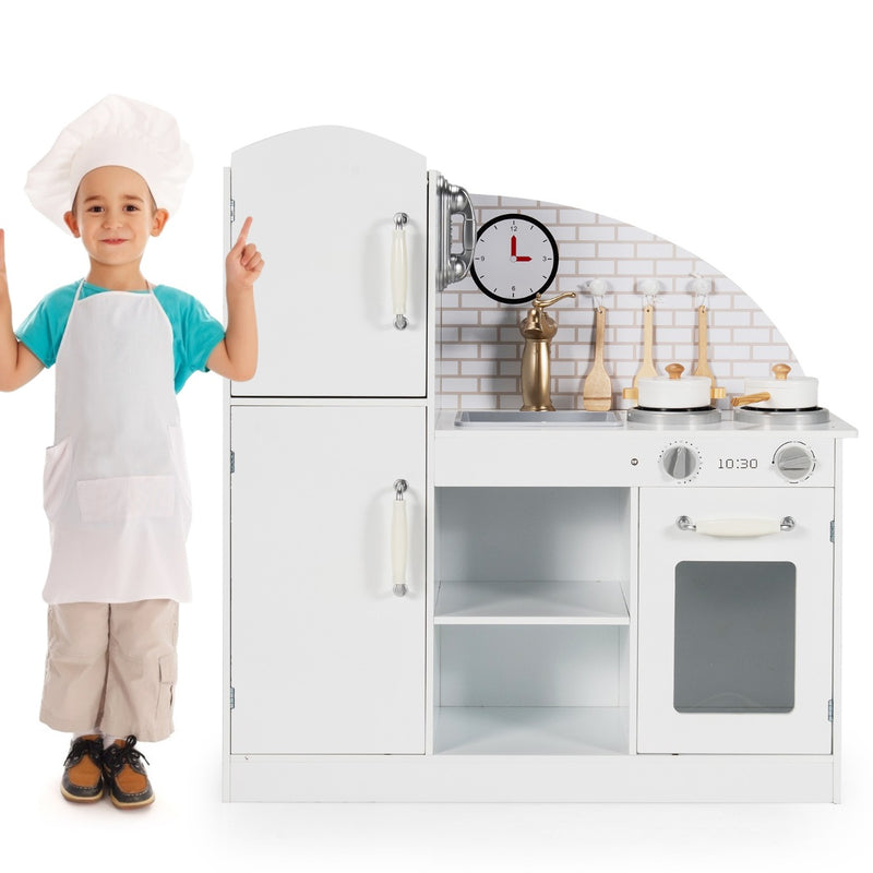 Juego de cocina de madera con accesorios de cocina y grifo