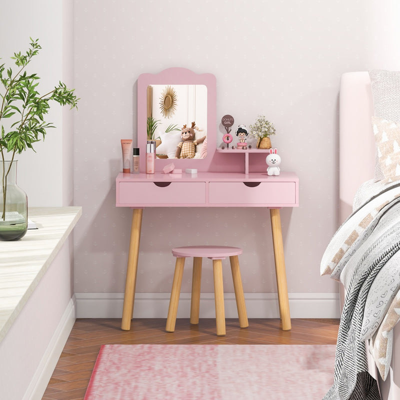 Kids Vanity Table and Stool Set with Square Mirror and Storage Shelf-Pink