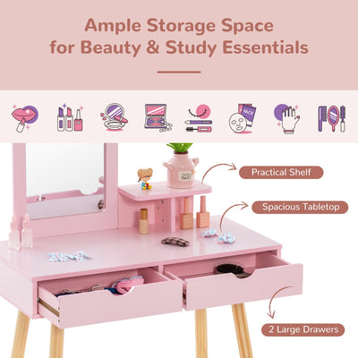 Kids Vanity Table and Stool Set with Square Mirror and Storage Shelf-Pink